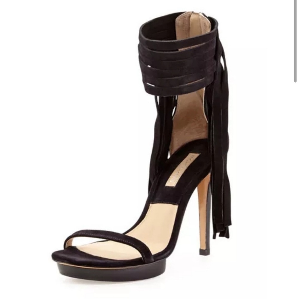Michael Kors Daphne Suede Fringe Sandal 36 6 5.5 black heels stiletto platform